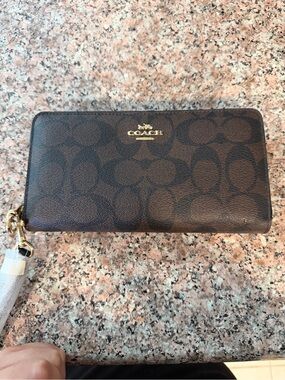 Coach Brown Signature Zip-Around Wallet with Gold Logo